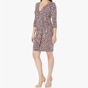 Jessica Howard Sheath V-Neck 3/4 Sleeve Wrap Dress Wine & Cream Size 16